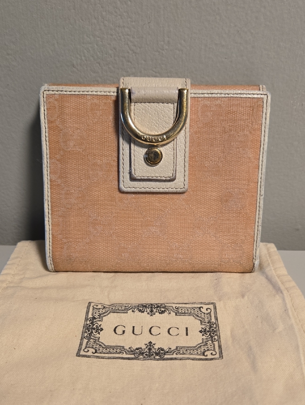 Gucci Pink Canvas Wallet with Cream Trim and Gold D-Ring